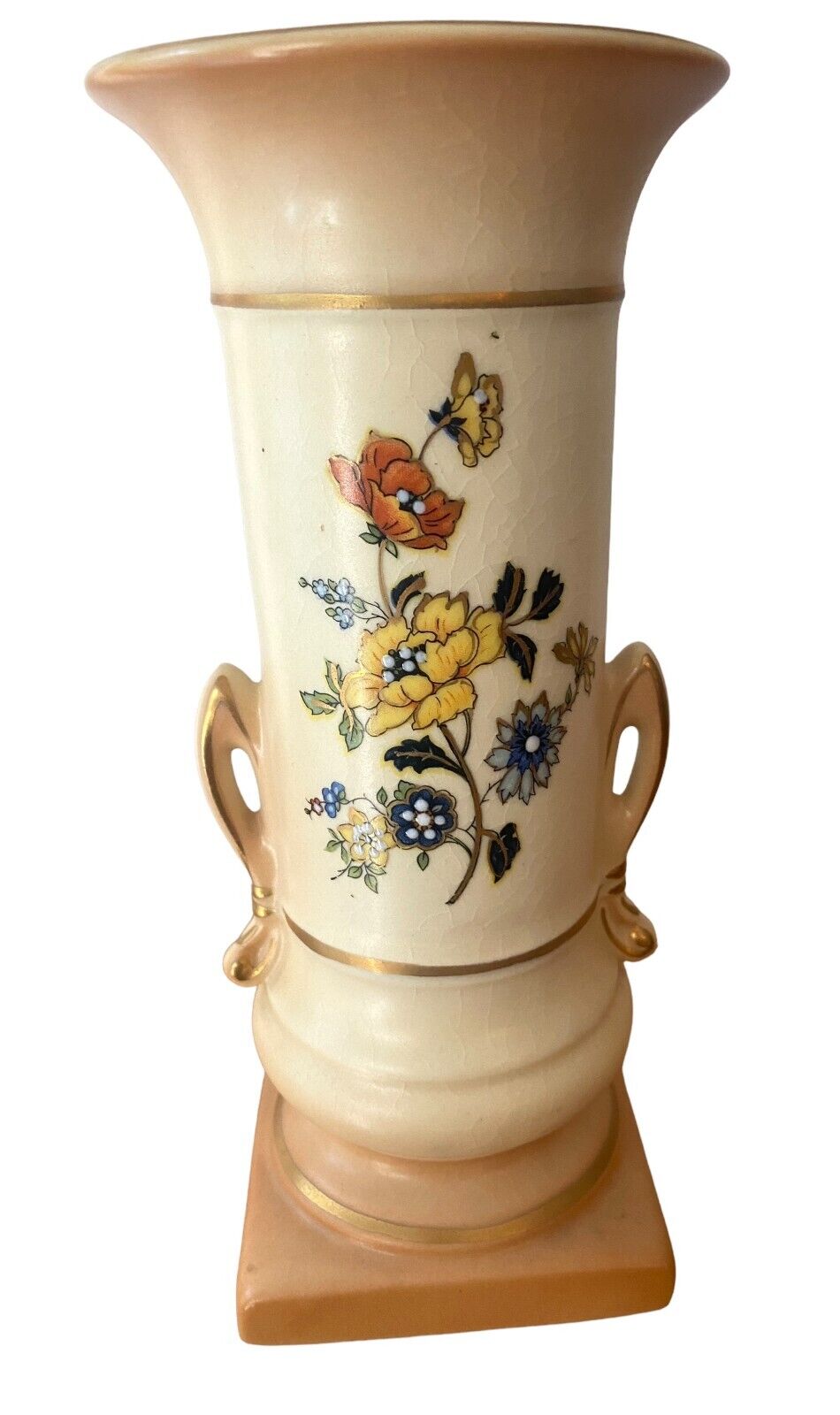 Vintage Art Deco Peach Vase 8.25 Inch High Porcelain Bisque Square Bottom