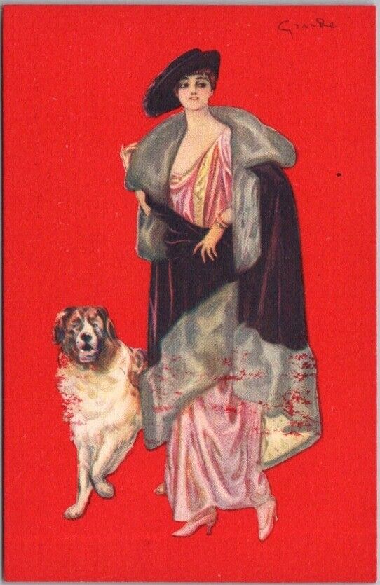 c1910s Italian Artist-Signed Pretty Lady / Glamour Girl Postcard / DOG / Fashion