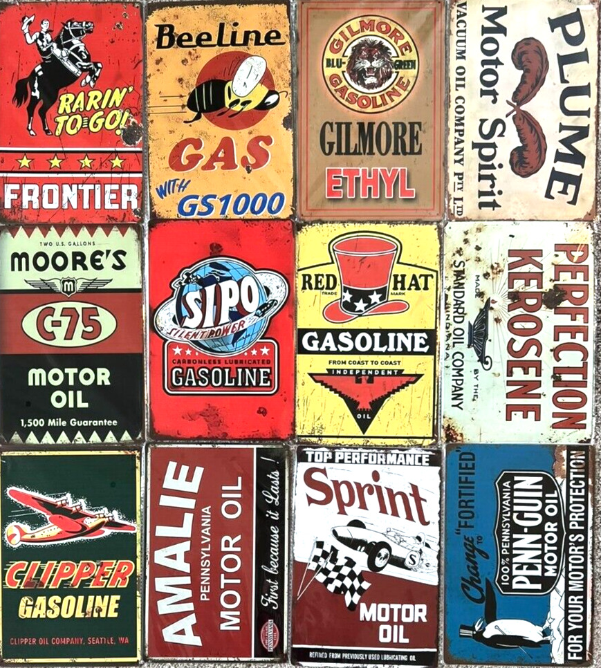 Garage Gasoline and Oil Vintage Novelty Metal Sign Bundle 12 Signs 12