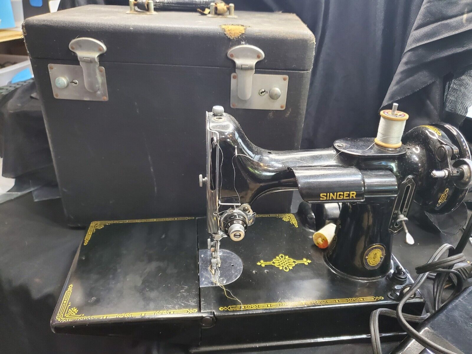 1851-1951 Singer 221-1 Portable Featherweight Sewing Machine w/Case Running