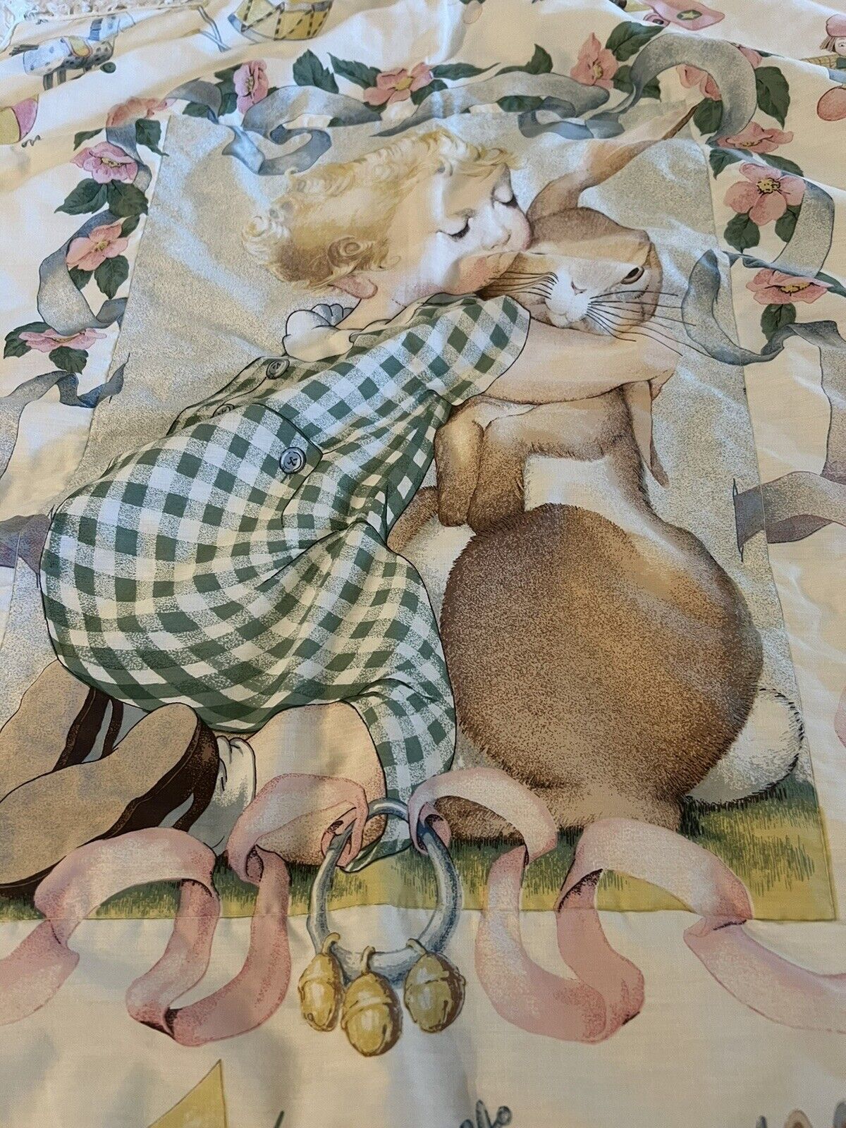 Vintage Ivory Baby Quilt Blanket  Old Toys Girl & Rabbit Bunny Lace-