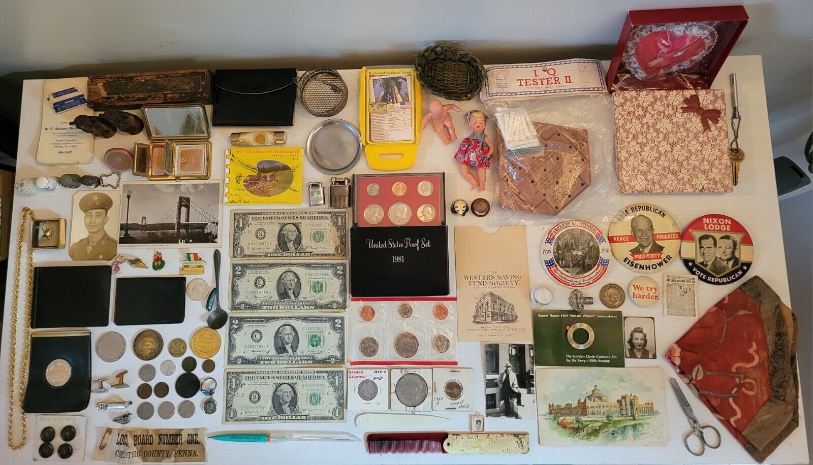 Amazing Vintage Junk Drawer Lot Of Rare Items, Currency, Lighters, Evans Compact