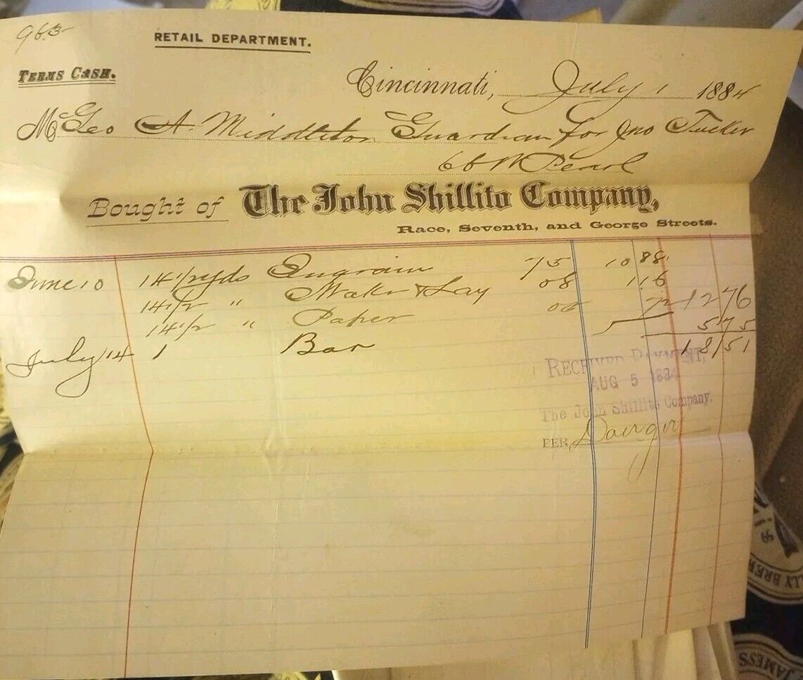 EXTREMELY RARE 1884  JOHN SHILLITO COMPANY BILLHEAD RECEIPT