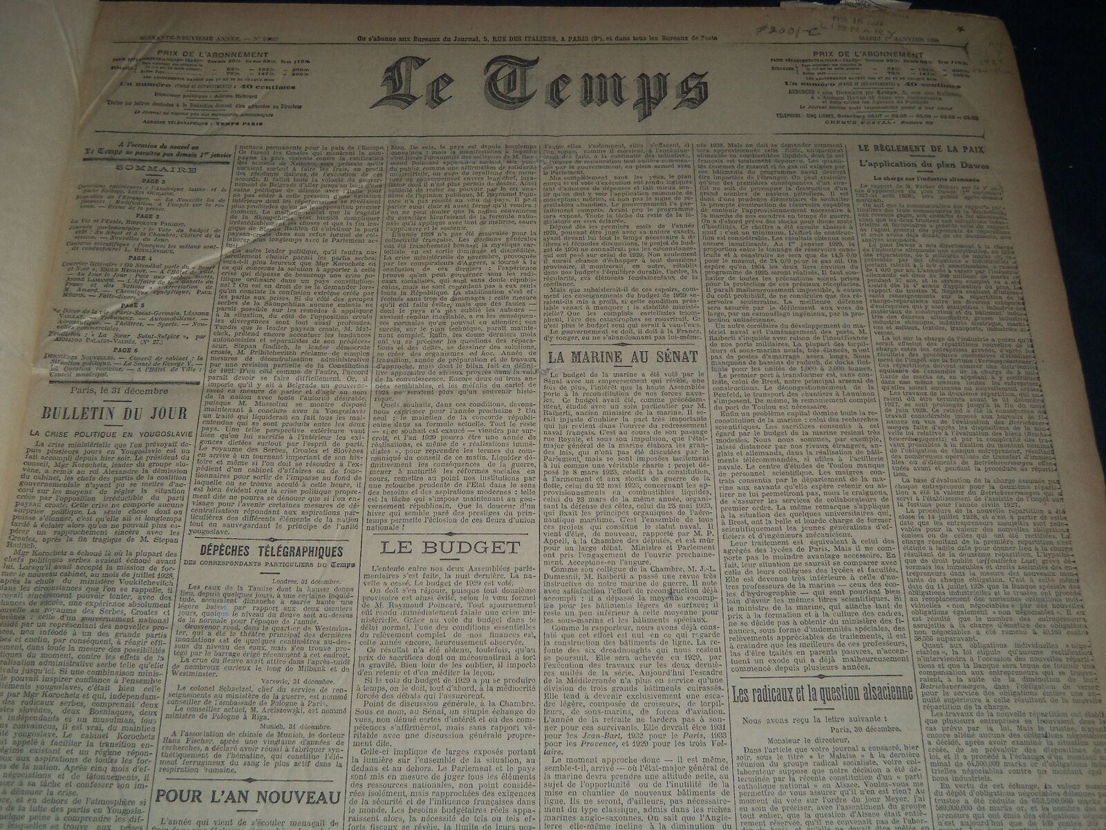 1929 JANUARY-MARCH LE TEMPS FRENCH NEWSPAPER BOUND VOLUME - VB 18