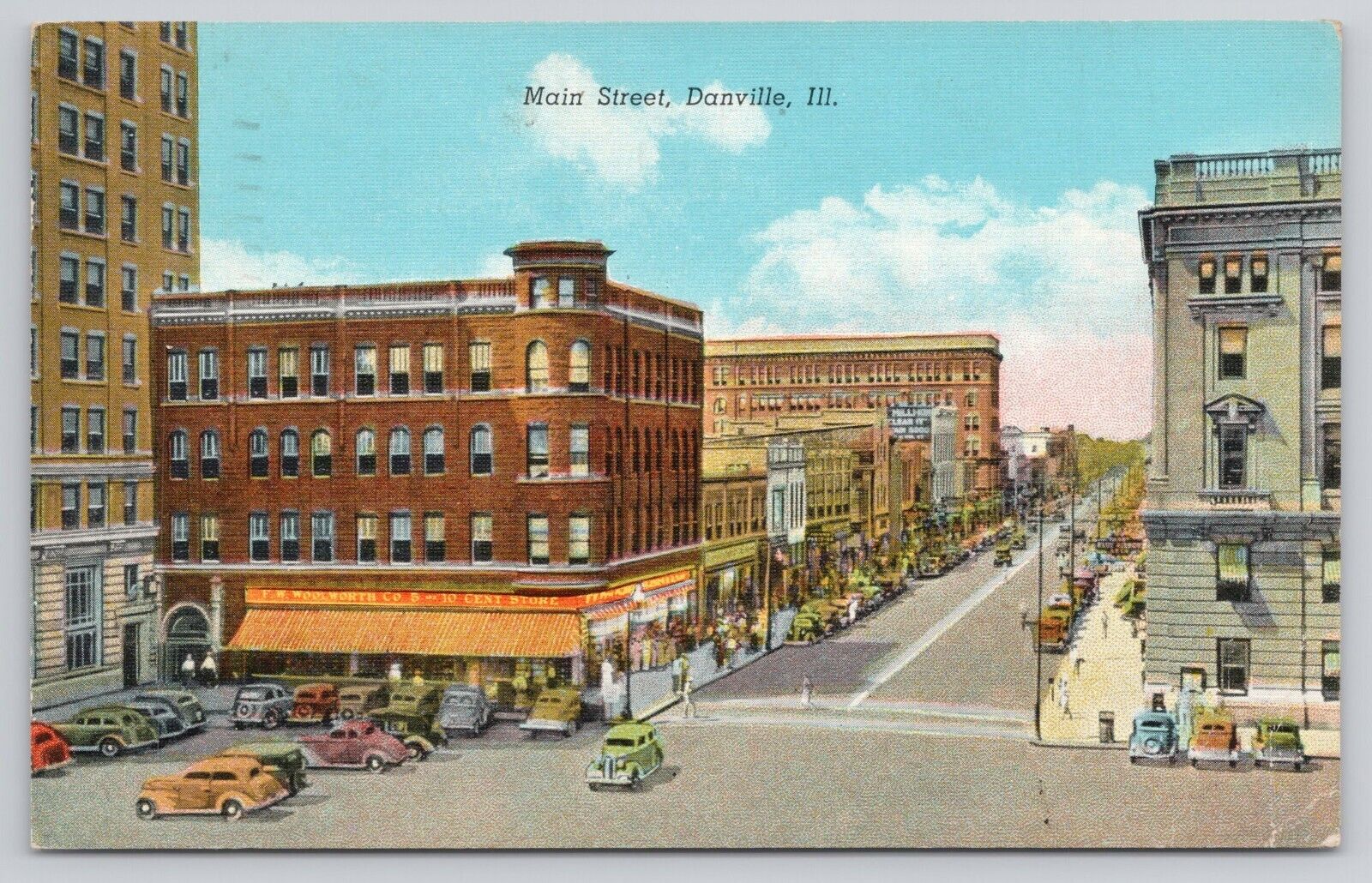 Danville Illinois IL - Main Street Old Cars Woolworth Dime Store c1943 Postcard