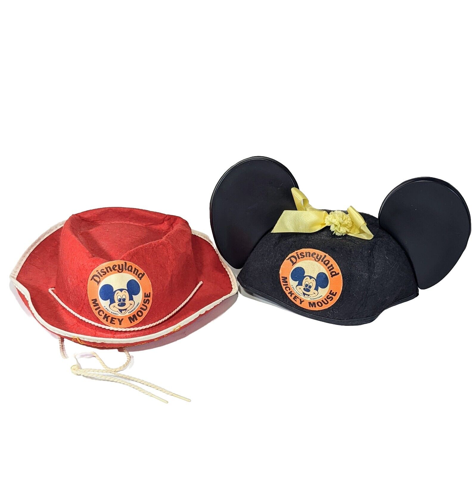 Vtg Disneyland Mickey Mouse Ears Hat Black Felt Cap & Red Cowboy Hat Kids Size