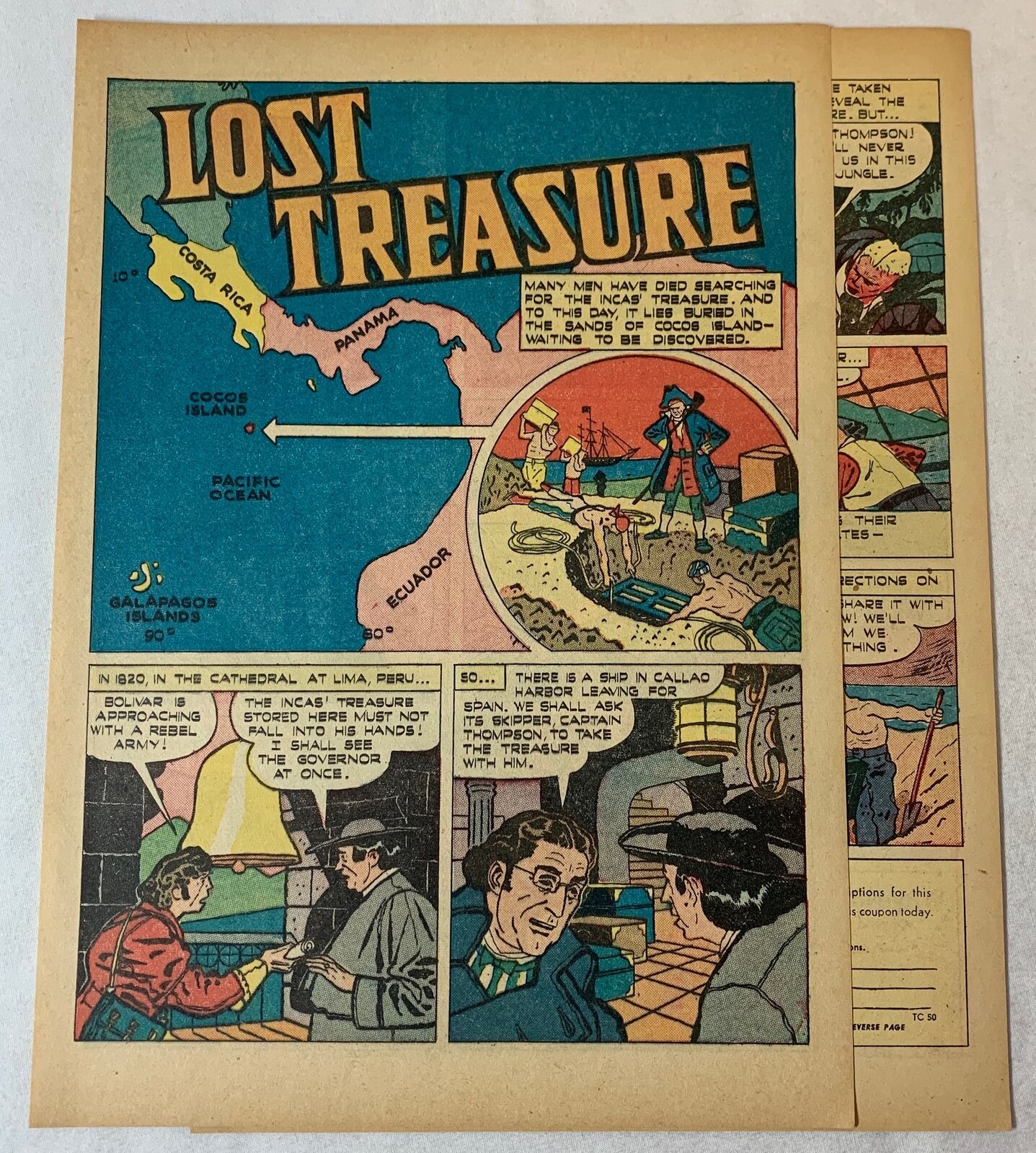 1946 four page cartoon story ~ COCOS ISLAND LOST INCAN TREASURE