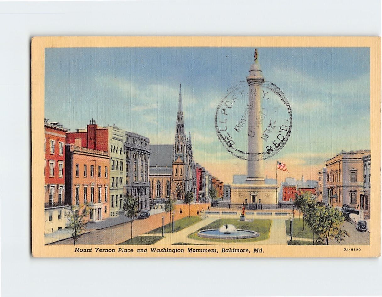 Postcard Mount Vernon Place and Washington Monument, Baltimore, Maryland
