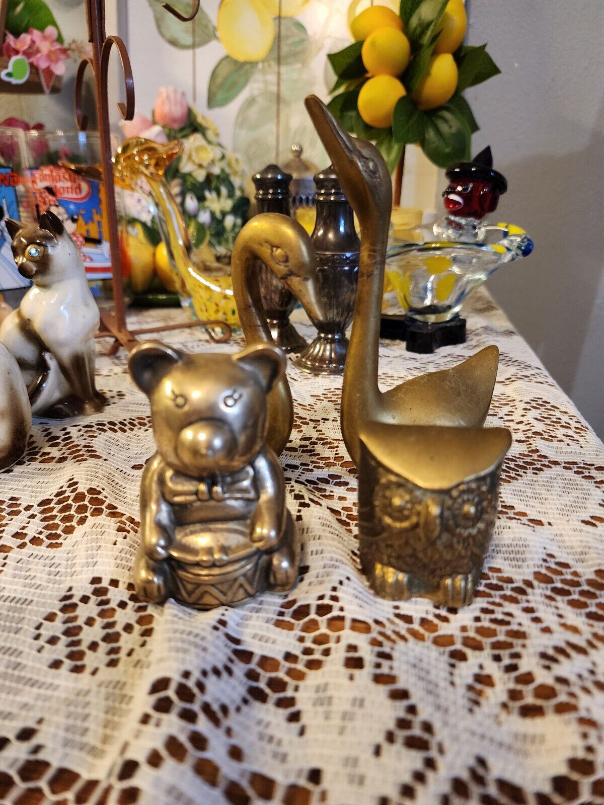 Lot Of 4 Solid Brass Animals Swan, Owl And Bear