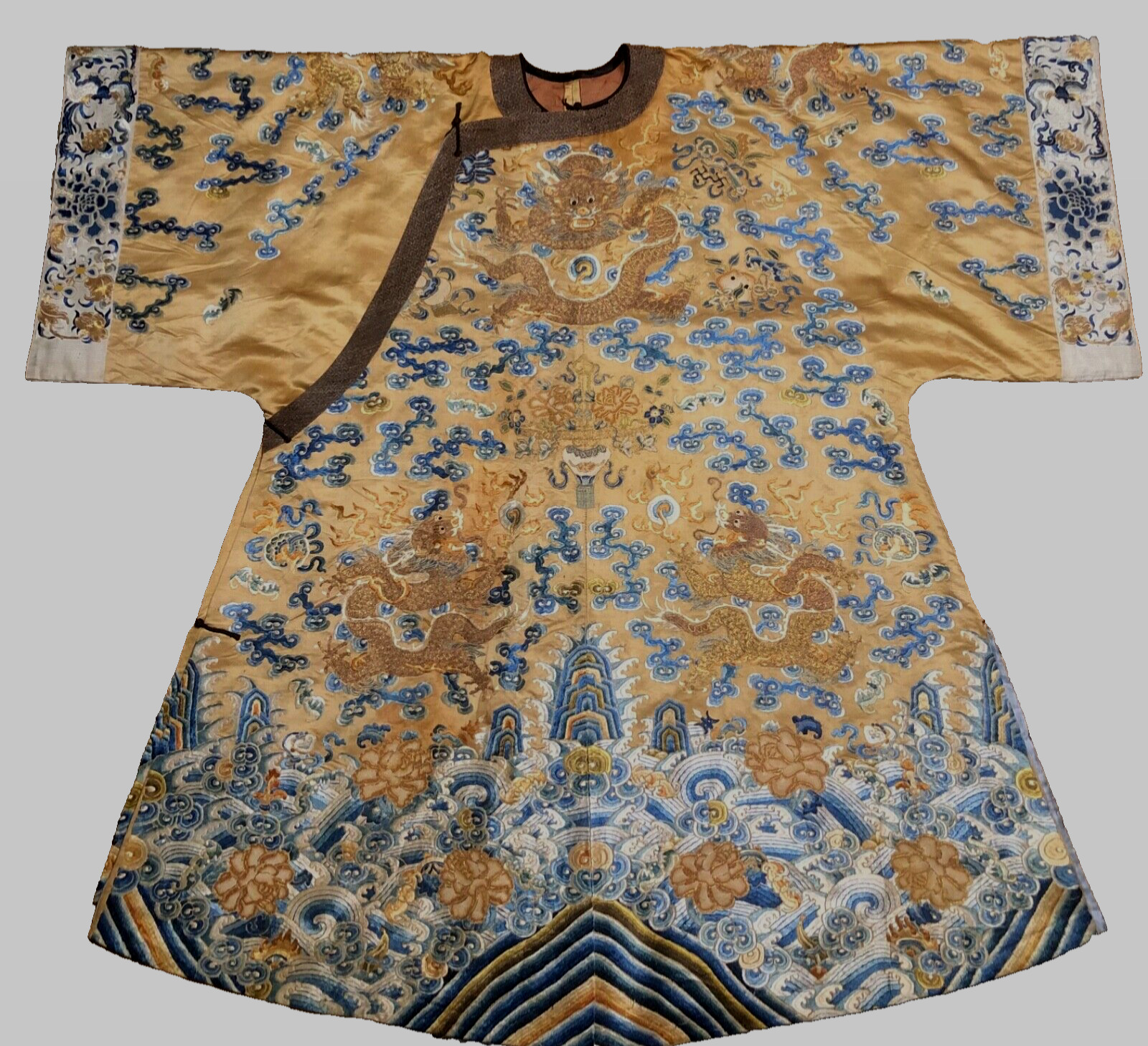 Antique QING Chinese Yellow DRAGON ROBE Embroidered GOLD Silk - IMPERIAL Court