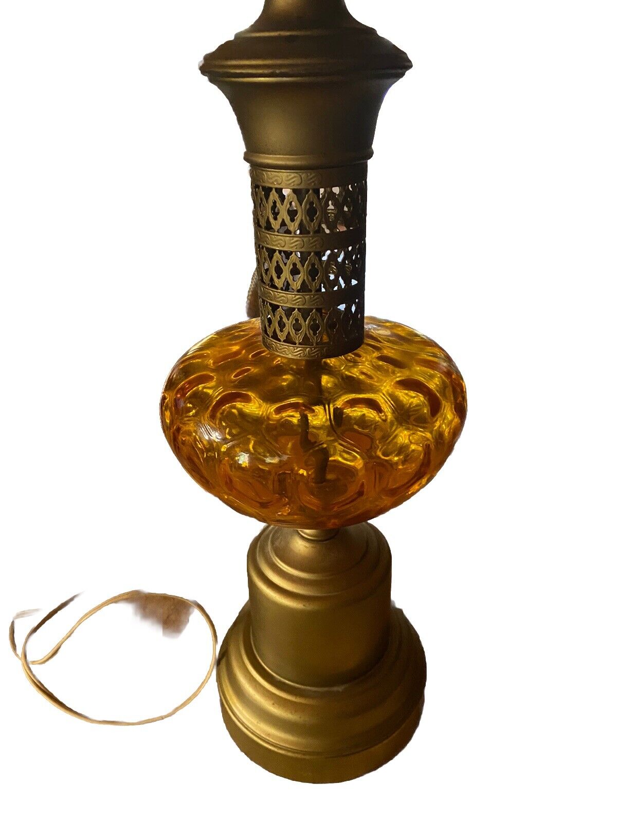 Mid Century Vintage 1970s AmberGlobe Glass Table Lamp Regency Brass Retro