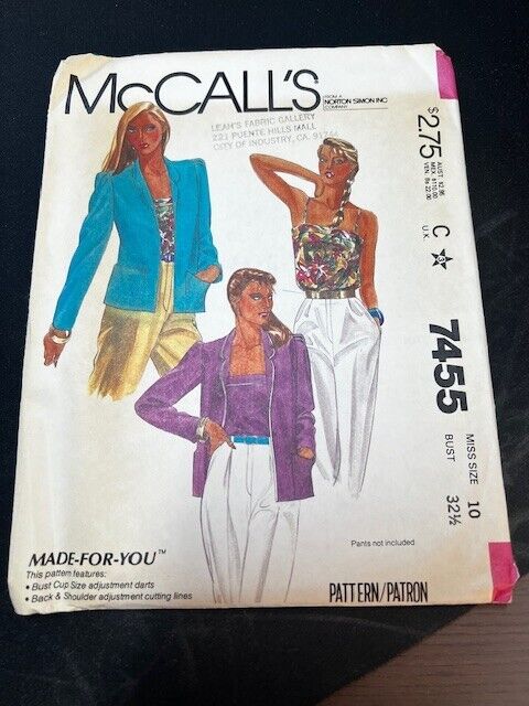 McCall's Pattern (Misses' Jacket and Camisole) size 10 bust 32.5