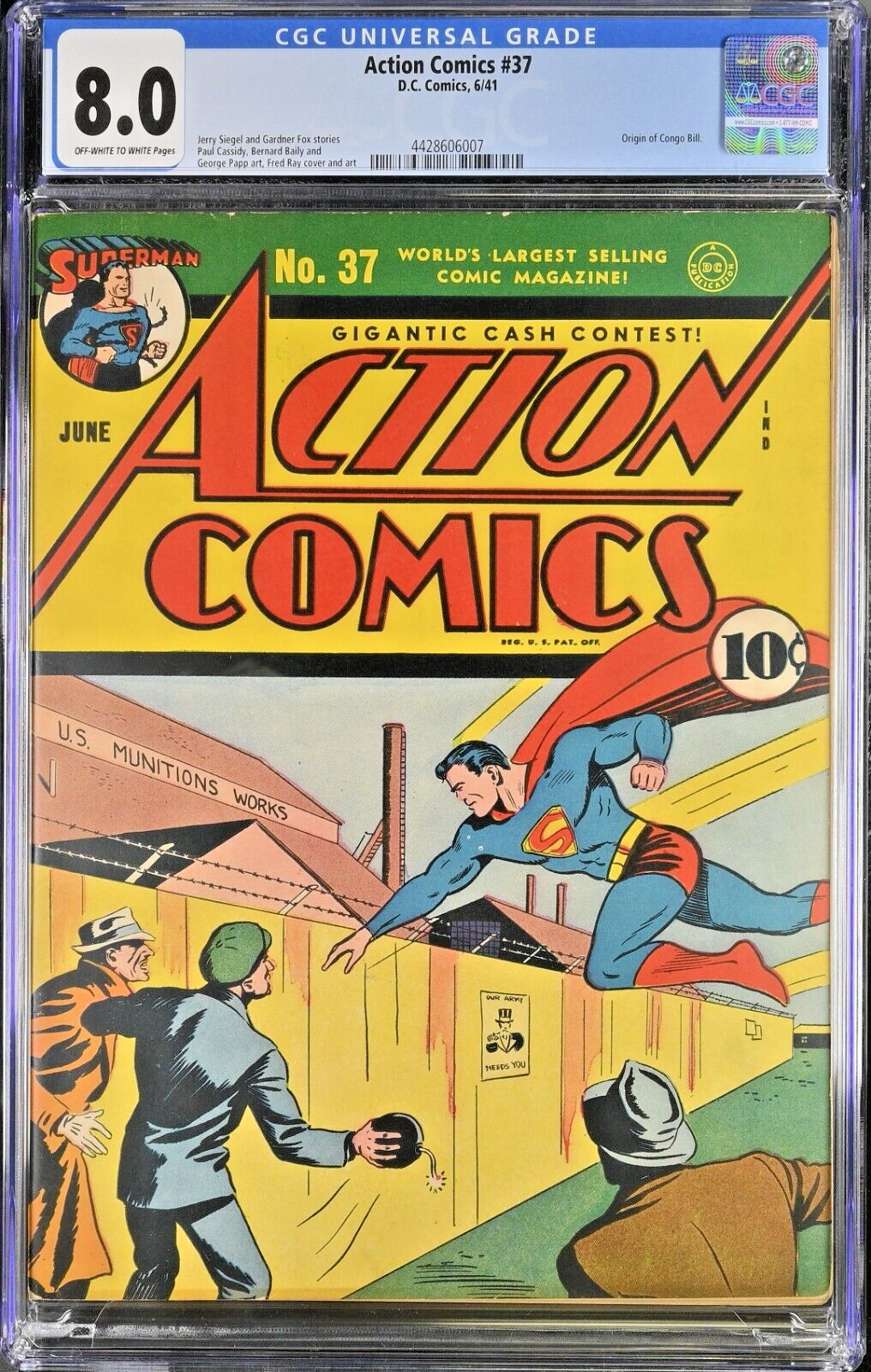 ACTION COMICS #37 CGC VF 8.0 (D.C. 1941) 4TH HIGHEST GRADE ONLY 4 BOOKS HIGHER