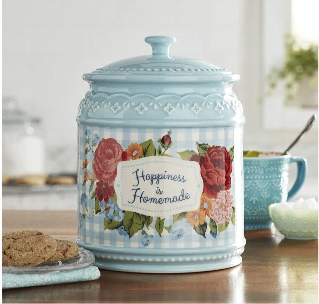 Pioneer Woman Cookie Jar With Lid Blue Sweet Rose Happiness is Homemade