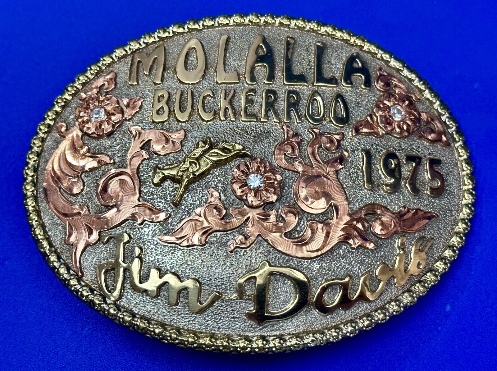 Molalla Buckeroo 1975 Jim Davis trophy award belt buckle by Tres Rios Silver