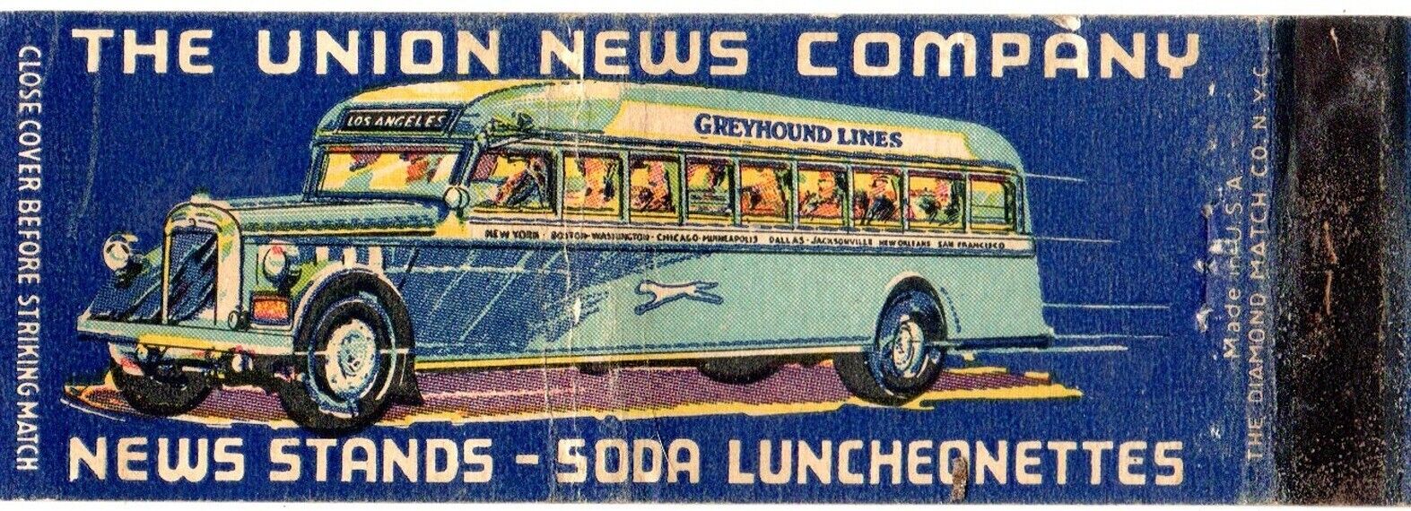 Vintage Matchbook Cover Greyhound Bus Union News full length 1930s Diamond Match