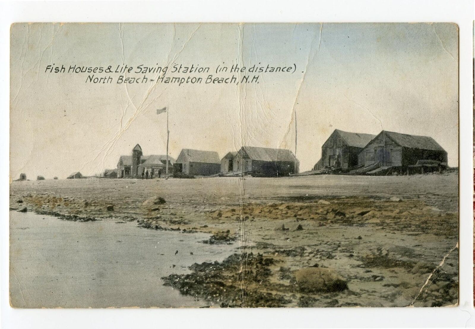 1909 NORTH BEACH*HAMPTON BEACH NEW HAMPSHIRE*NH*FISH HOUSES*LIFE SAVING STATION