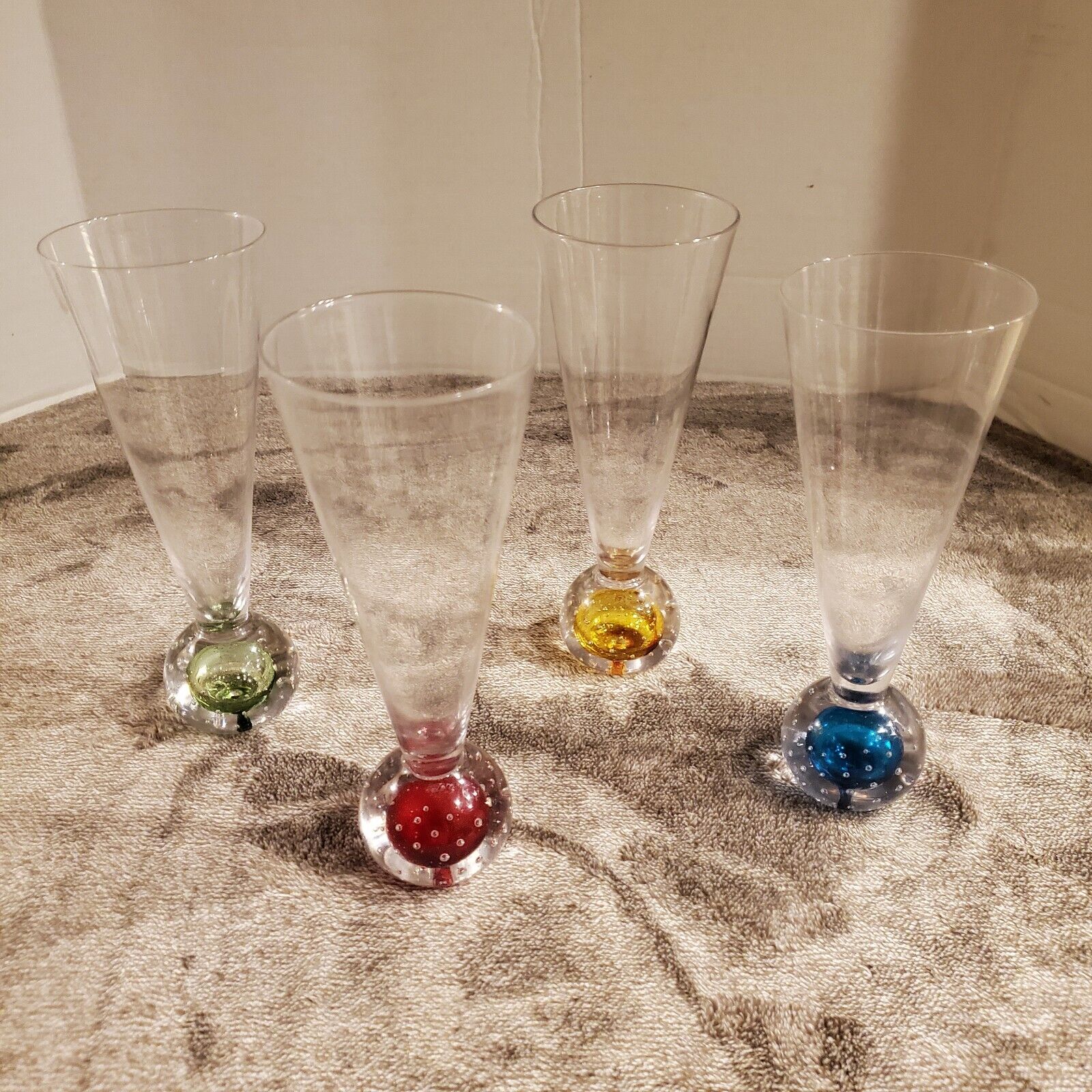 Vintage MCM Fluted Controlled Bubble Set Of 4 Glasses Red Blue Yellow Green