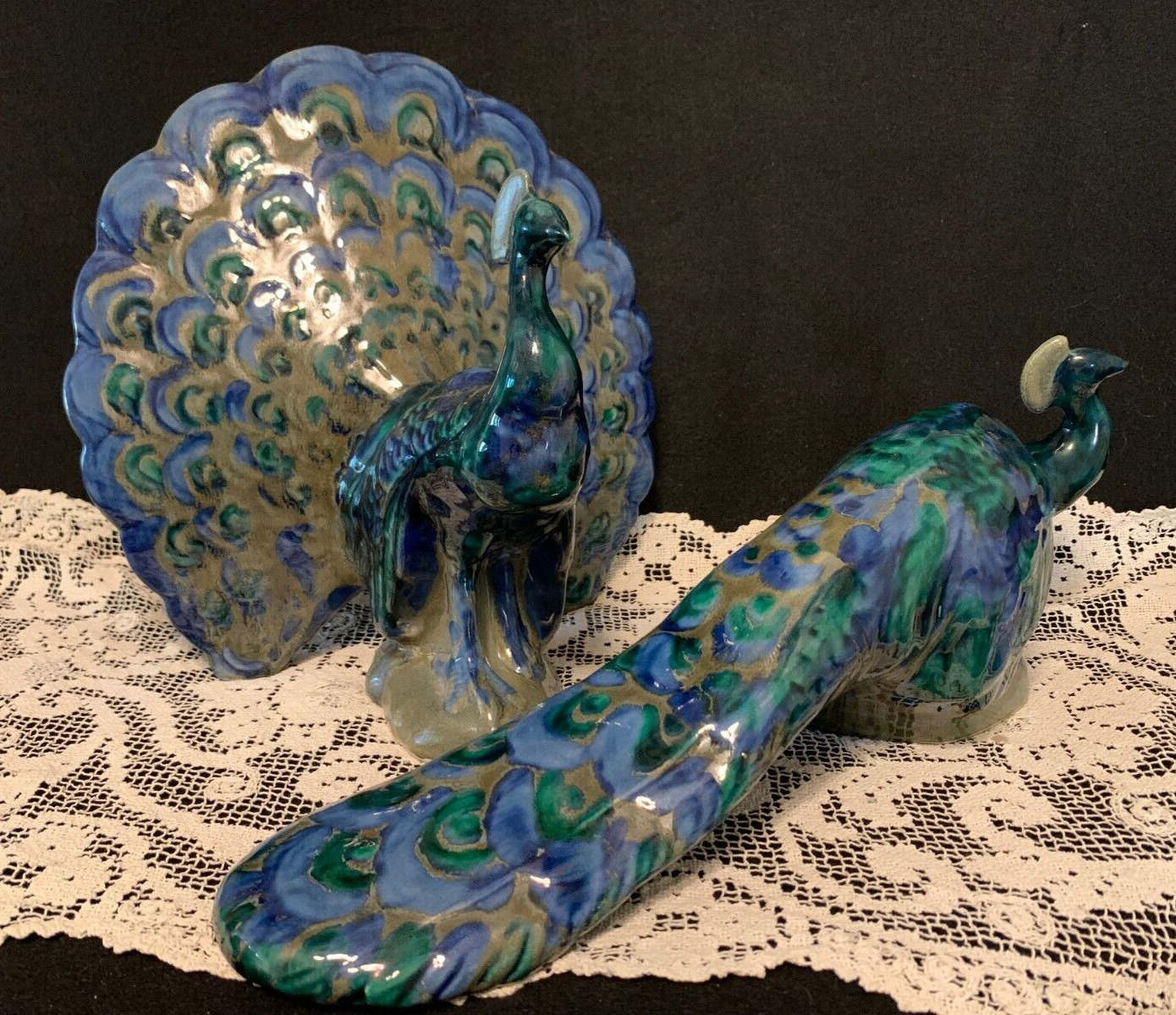 Rare and Gorgeous Pair of Ceramic Peacocks Handmade by Madeline's Originals.