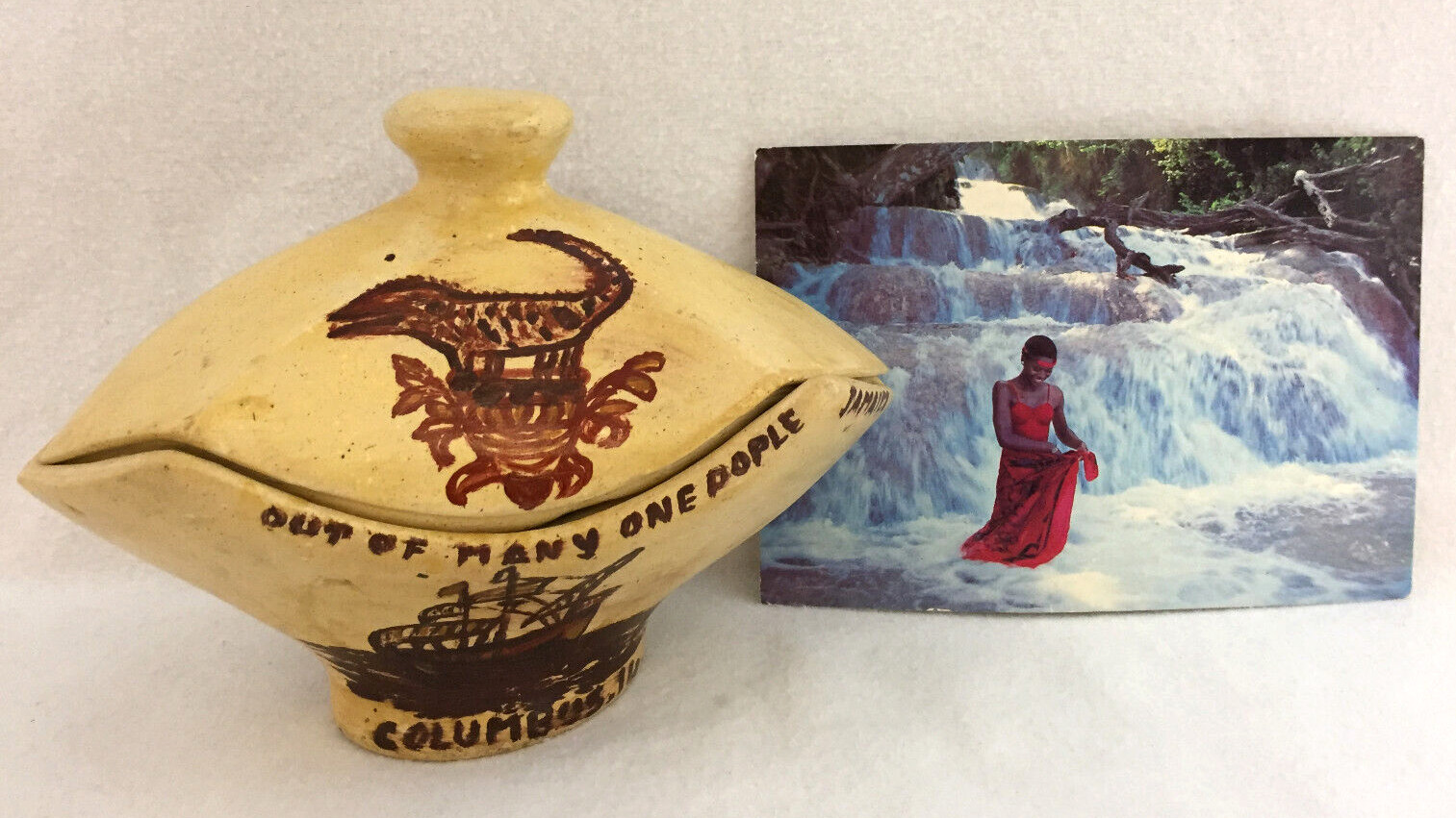 Tourist Treasure Jamaica Christopher Columbus Hand Painted Pottery & Postcard