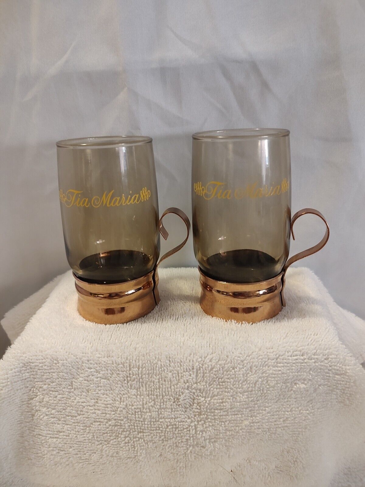 🔥 Vintage 1970's Tia Maria Smoked Glass Liqueur Glasses with Copper Handles