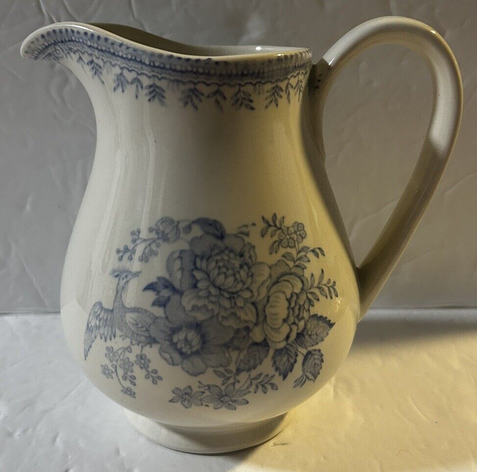 Vintage Burgess and Leigh Asiatic Pheasant Blue and White Pitcher 5.5” Rare Find