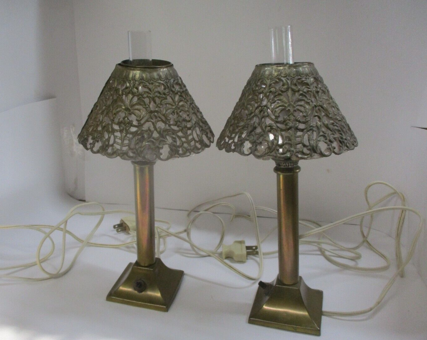 Pair Vintage Electric Small Lamps with Metal Filigree Shades