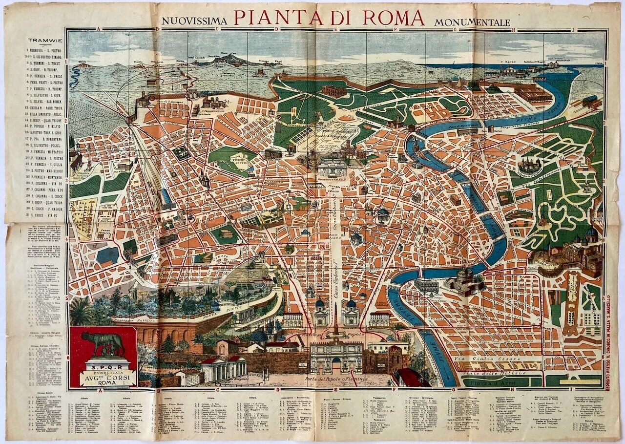 Original Vintage Map PIANTA DI ROMA - PLAN OF ROME - DESIGN -ART - PICTORIAL MAP