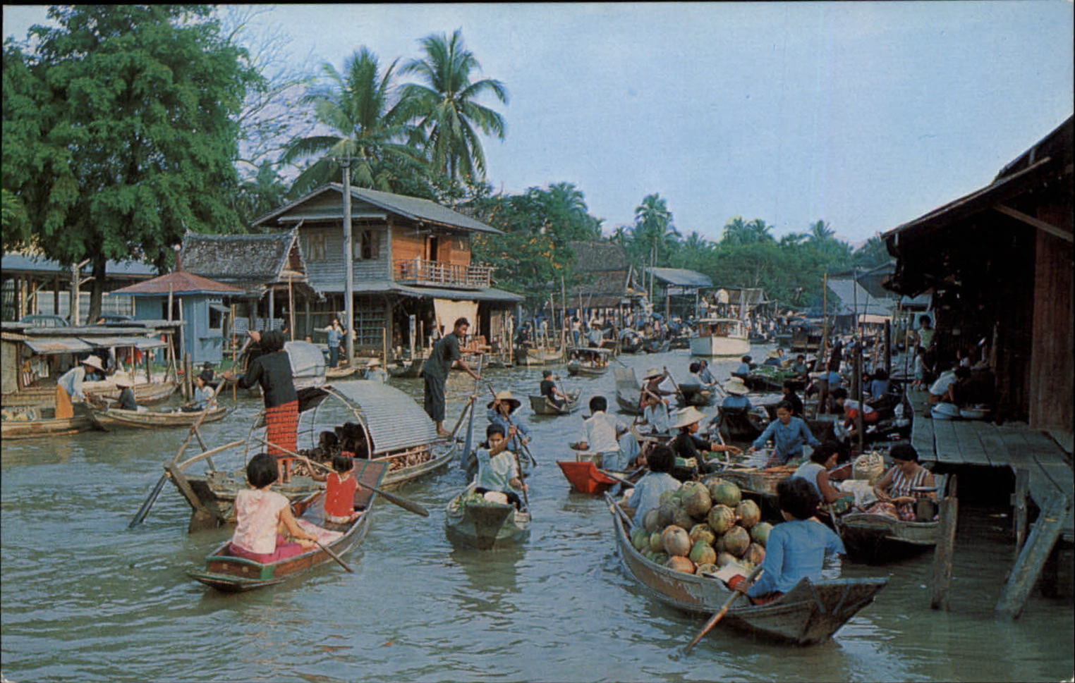 Dhonburi Thailand Wad Sai Floating Market boats vintage postcard
