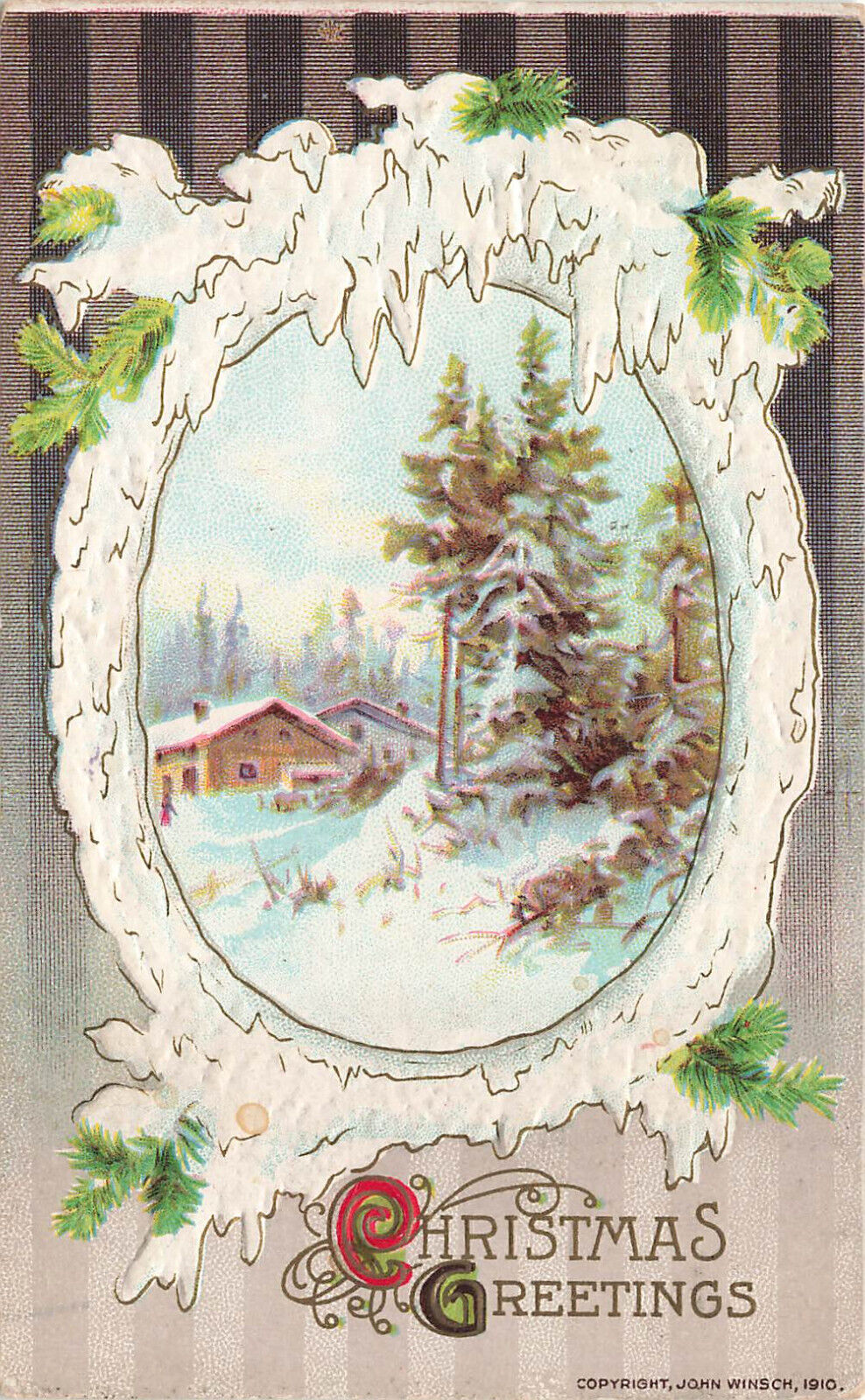 LOVELY VINTAGE WINSCH CHRISTMAS POSTCARD WINTER SCENE FRAMED IN SNOW 1910 110823