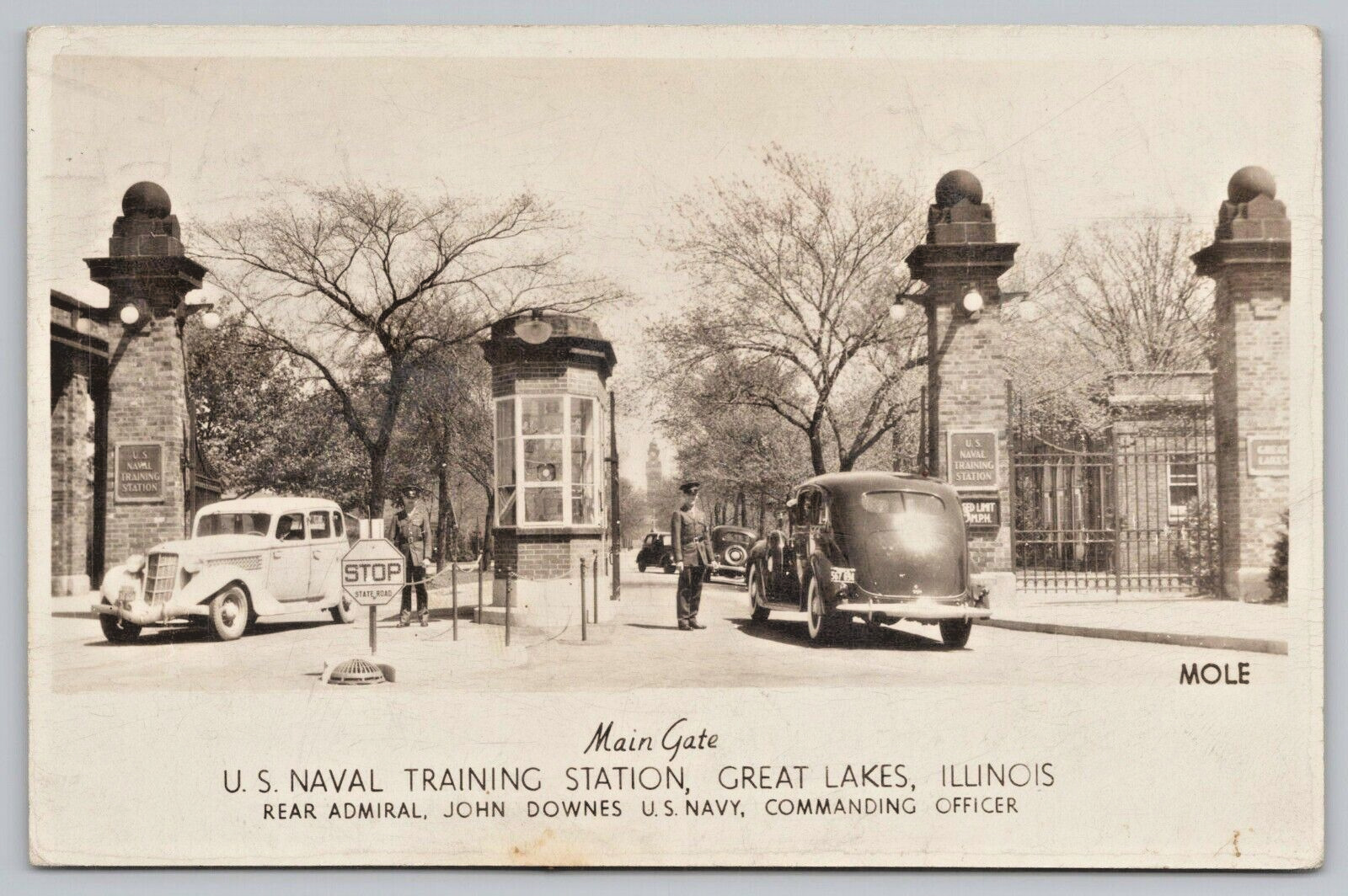 Main Gate Old Cars US Naval Training Station Great Lakes IL RPPC Postcard 1940s