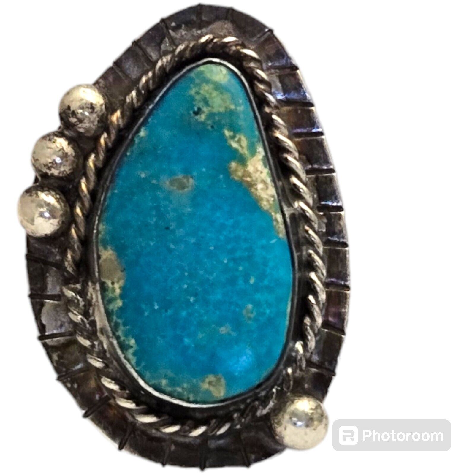 EXPRESSIVE VINTAGE NAVAJO PILOT MOUNTAIN TURQUOISE STERLING SILVER RING OLD Sz7