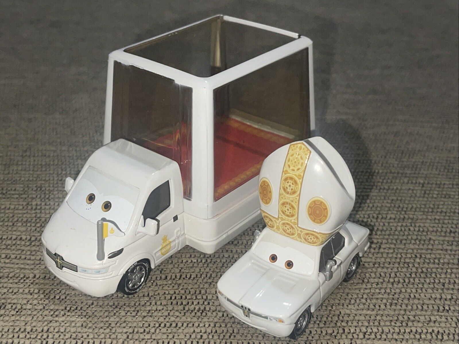 Disney Pixar Diecast Cars, 2 sets of Pope Pinion IV and popemobiles 2010 (Rare)