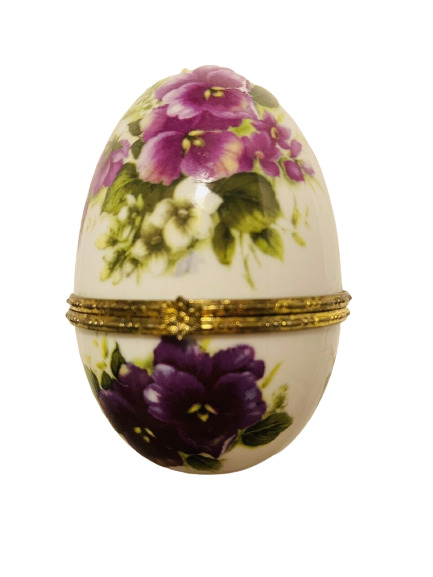 Vintage Porcelain Egg Trinket Box Purple Flowers Hand Painted 4-inch Ring Dish