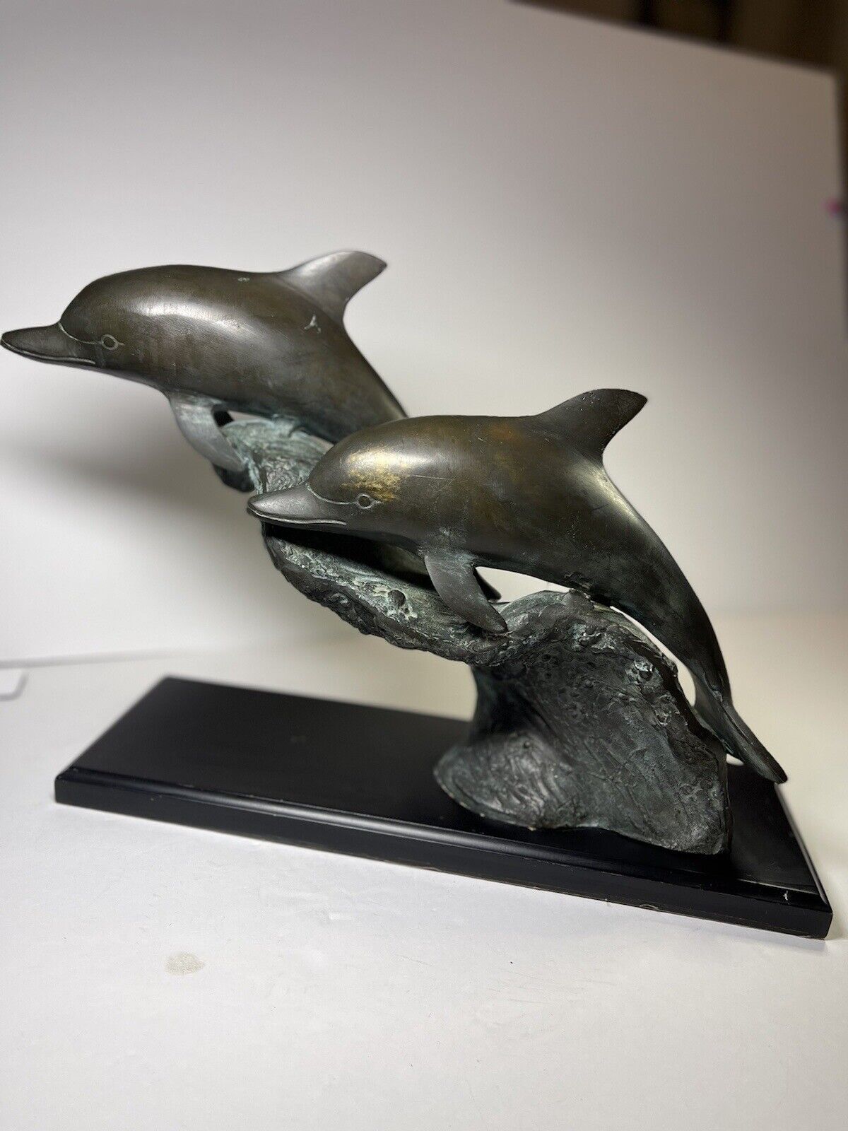 Antique Solid Bronze Twin Dolphins Sculpture on Wooden Pedestal Base