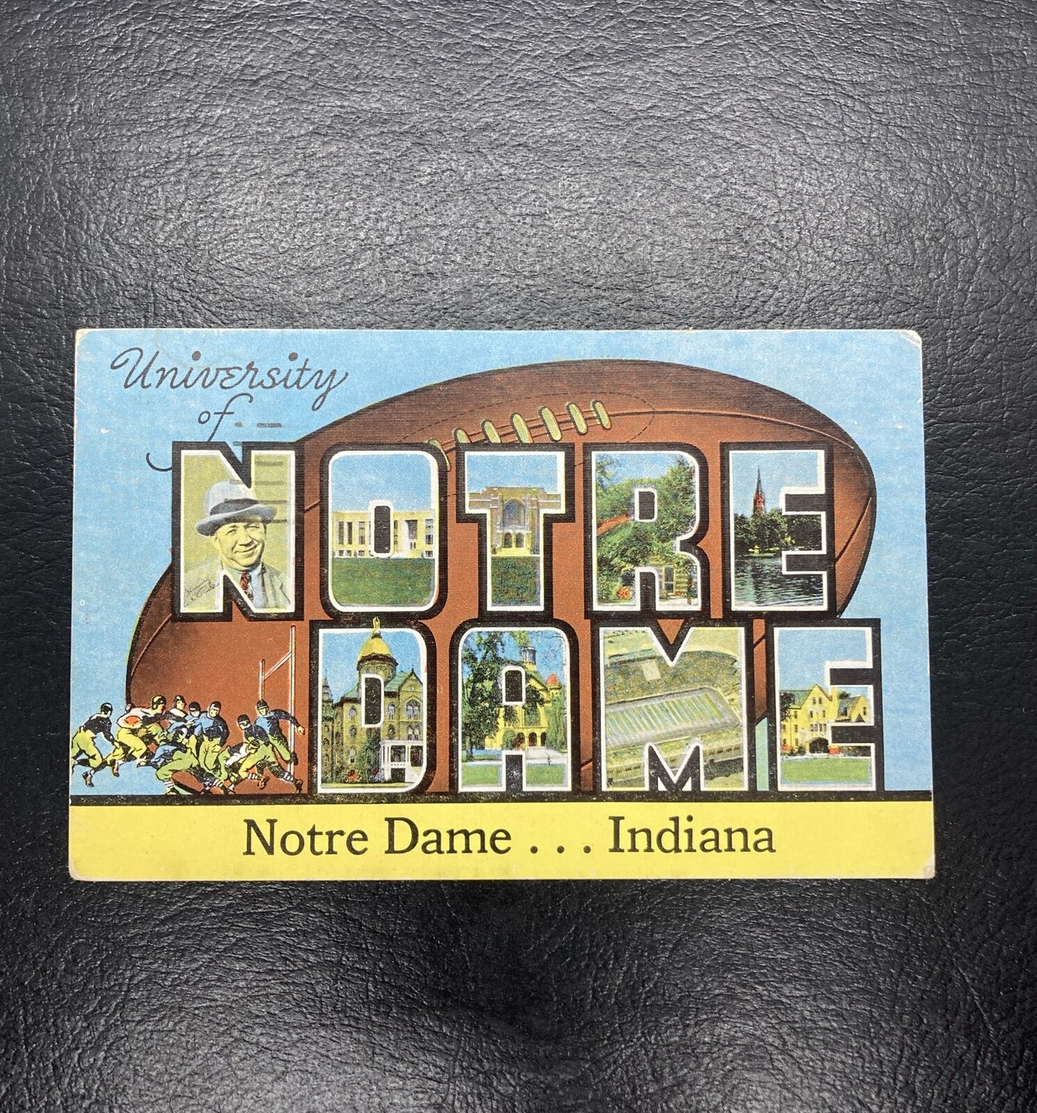 Postcard Indiana South Bend Notre Dame Football Rockne Large Letter 1954 Linen