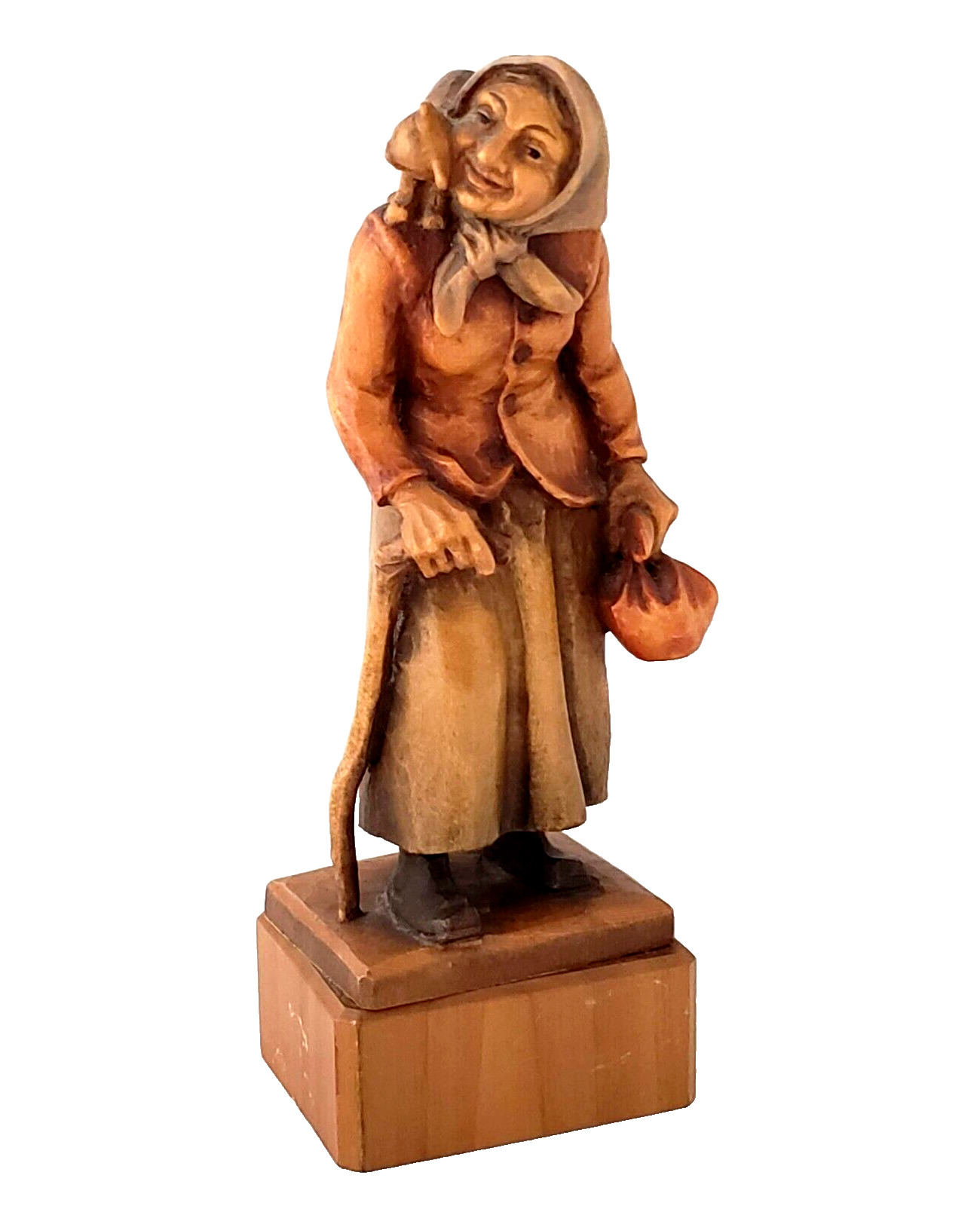 Vintage Anri Old Lady With Cat & Cane Hand Carved Wood Figurine Italy 1950-60s