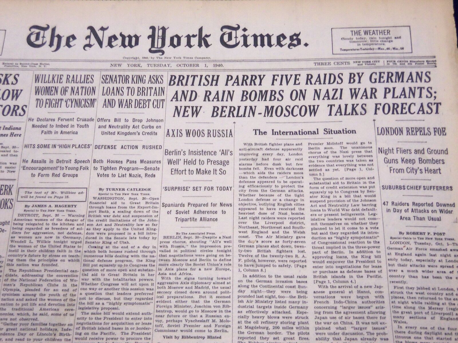 1940 OCT 1 NEW YORK TIMES - BRITISH PARRY FINE RAIDS BY GERMANS - NT 223