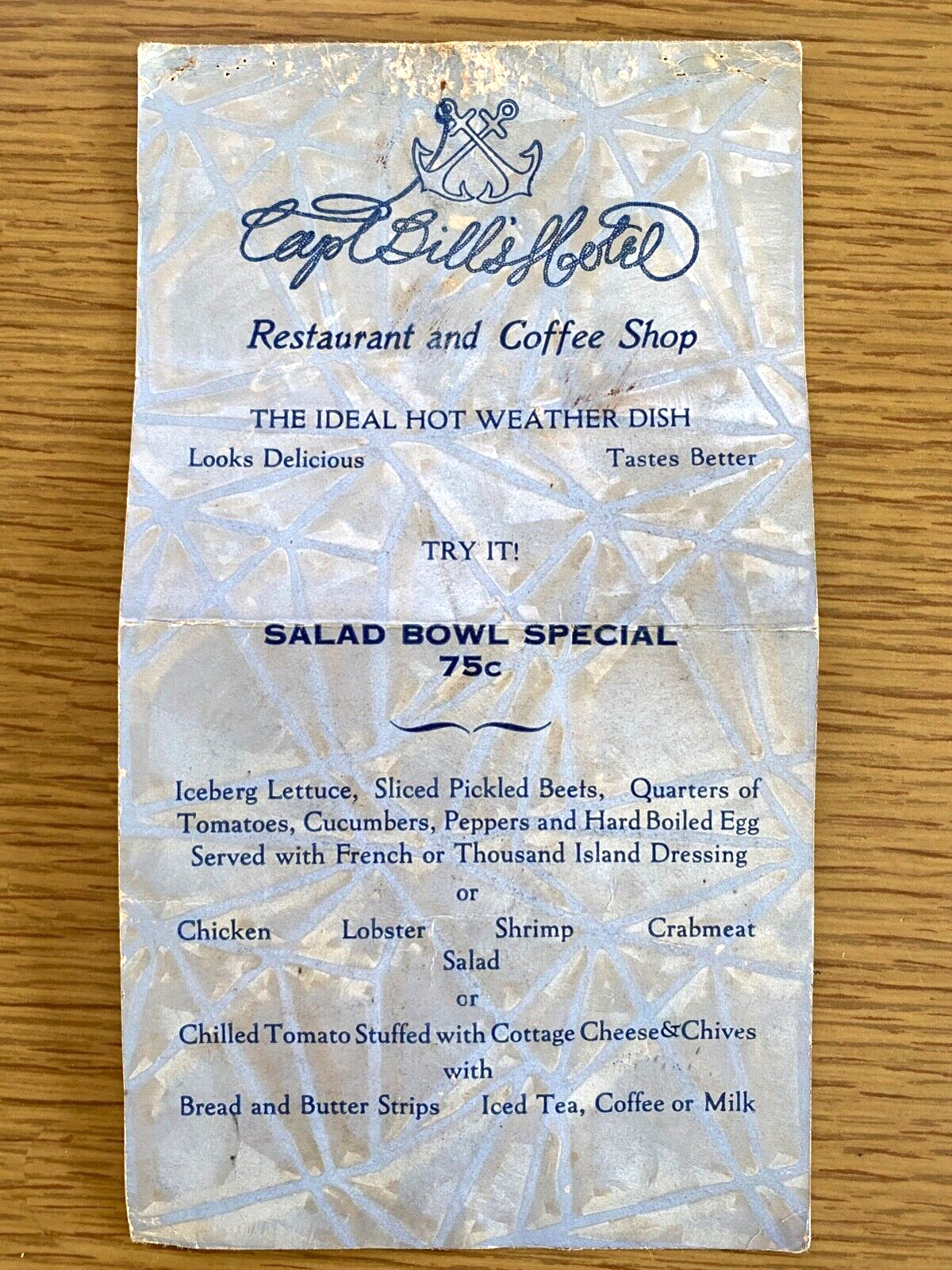 1940s CAPT BILL\'S HOTEL restaurant menu ROCKAWAY BEACH, MISSOURI, Lake Taneycomo