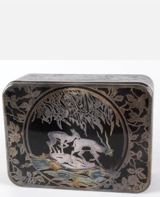 C1930’s Rockwell Silver Company Sterling Overlay Glass Box. Antelope Pattern