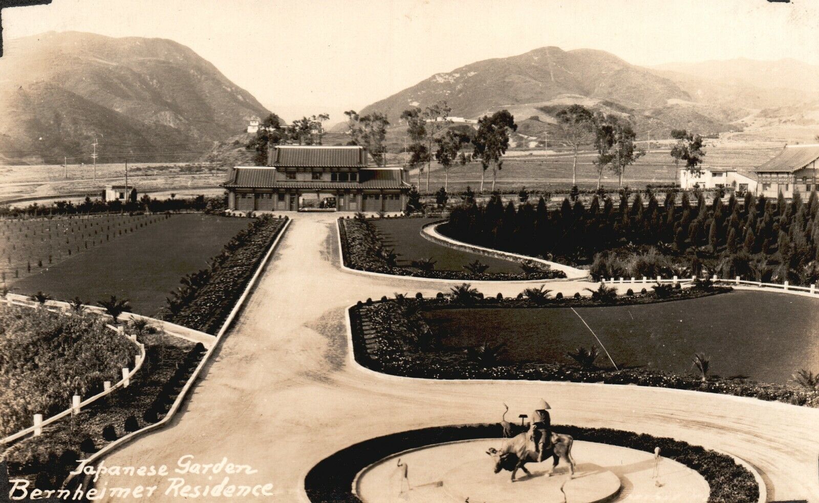 Vintage Postcard RPPC Bernheimer Residence Japanese Gardens Entrance CA