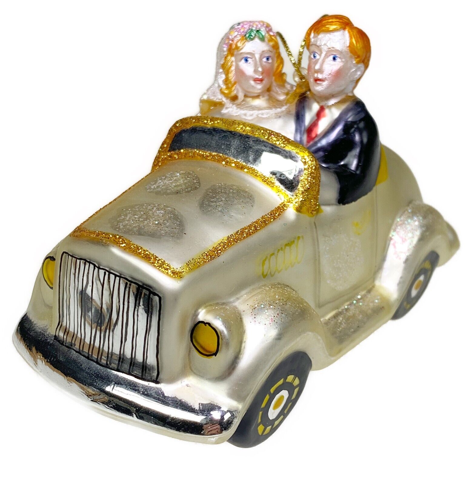 Just Married Red Head Christmas Ornament Robert Stanley Retro Car Glass