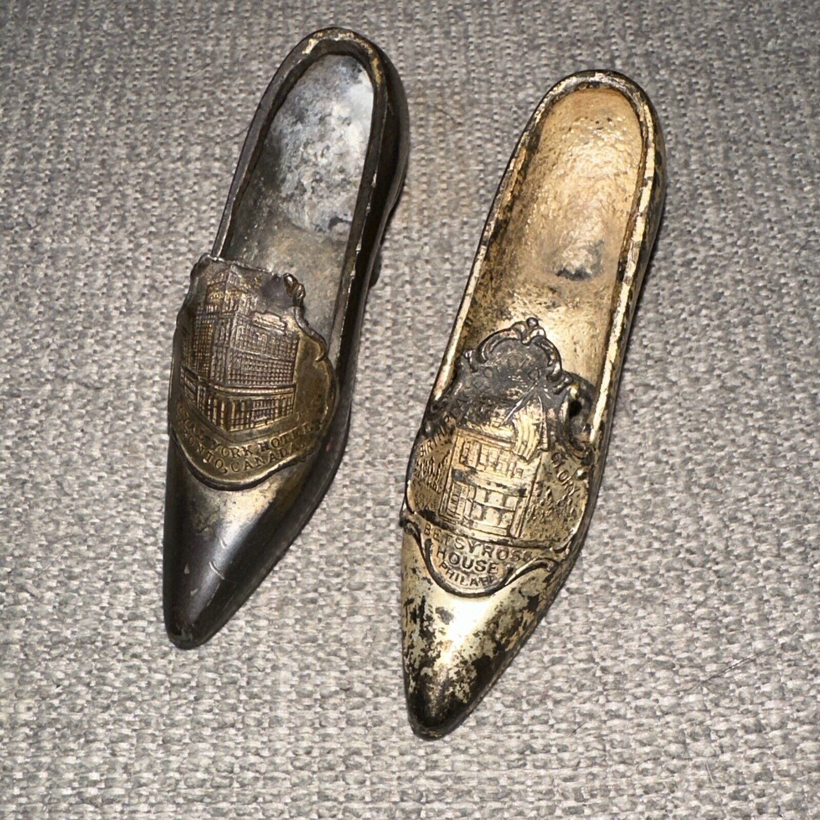2 Antique Vintage Metal Shoe Pin Cushions SOUVENIR Betsy Ross house & Canada