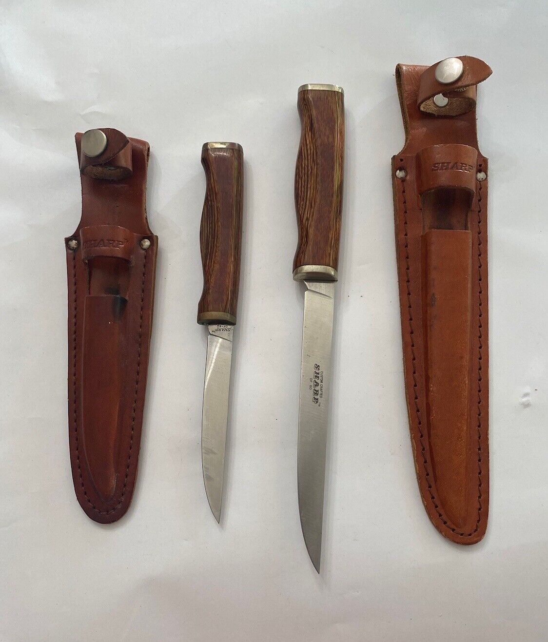 Sharp Brand Fillet Knives DF40 & DF60 Set Wooden Handles Leather Sheath Japan
