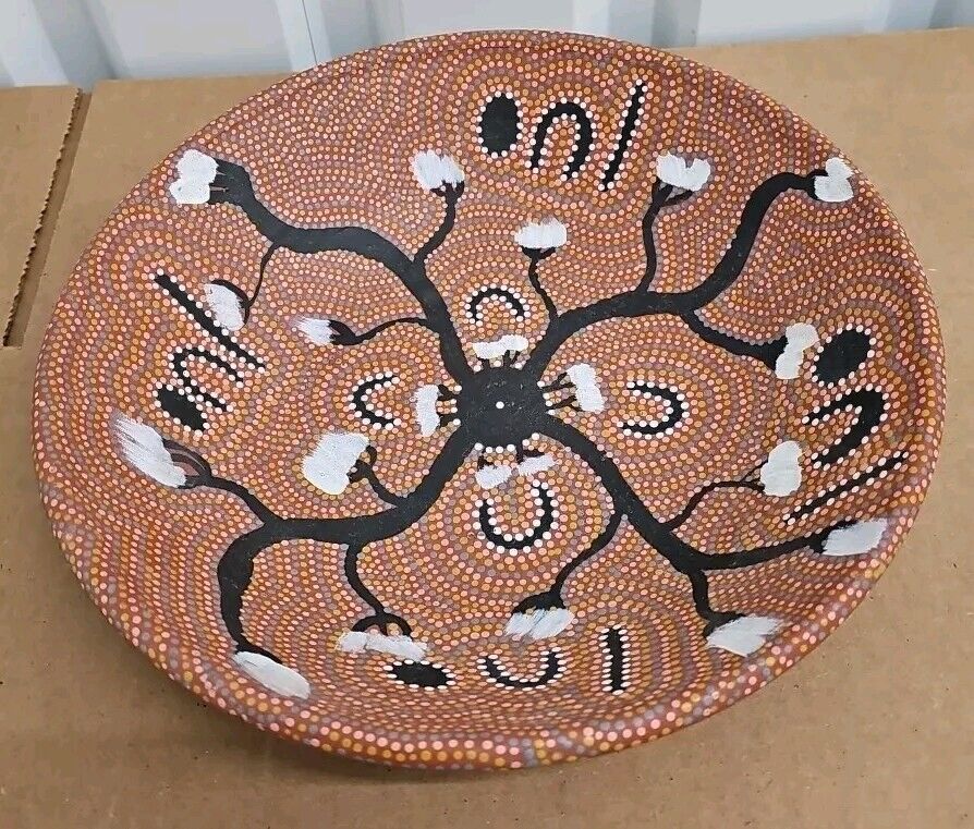 Australian Aboriginal Bowl 12 1/2 Terracotta Dish-Bowl Hand Painted Unsigned