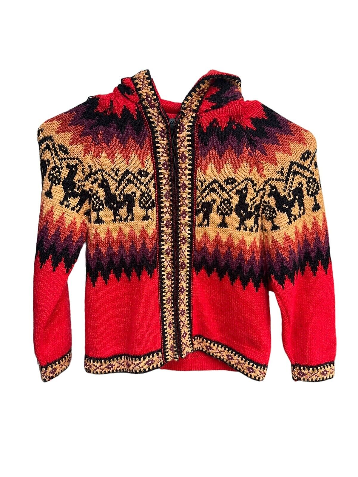 Peruvian Hoodie Colorful Full Zip Sweater Size Small 17” L  14” W LLamas
