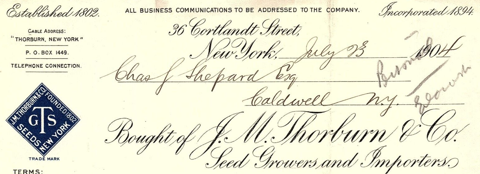 1904 J.M. THORBURN & CO SEED GROWERS IMPORTERS NE W YORK  BILLHEAD INVOICE Z4046