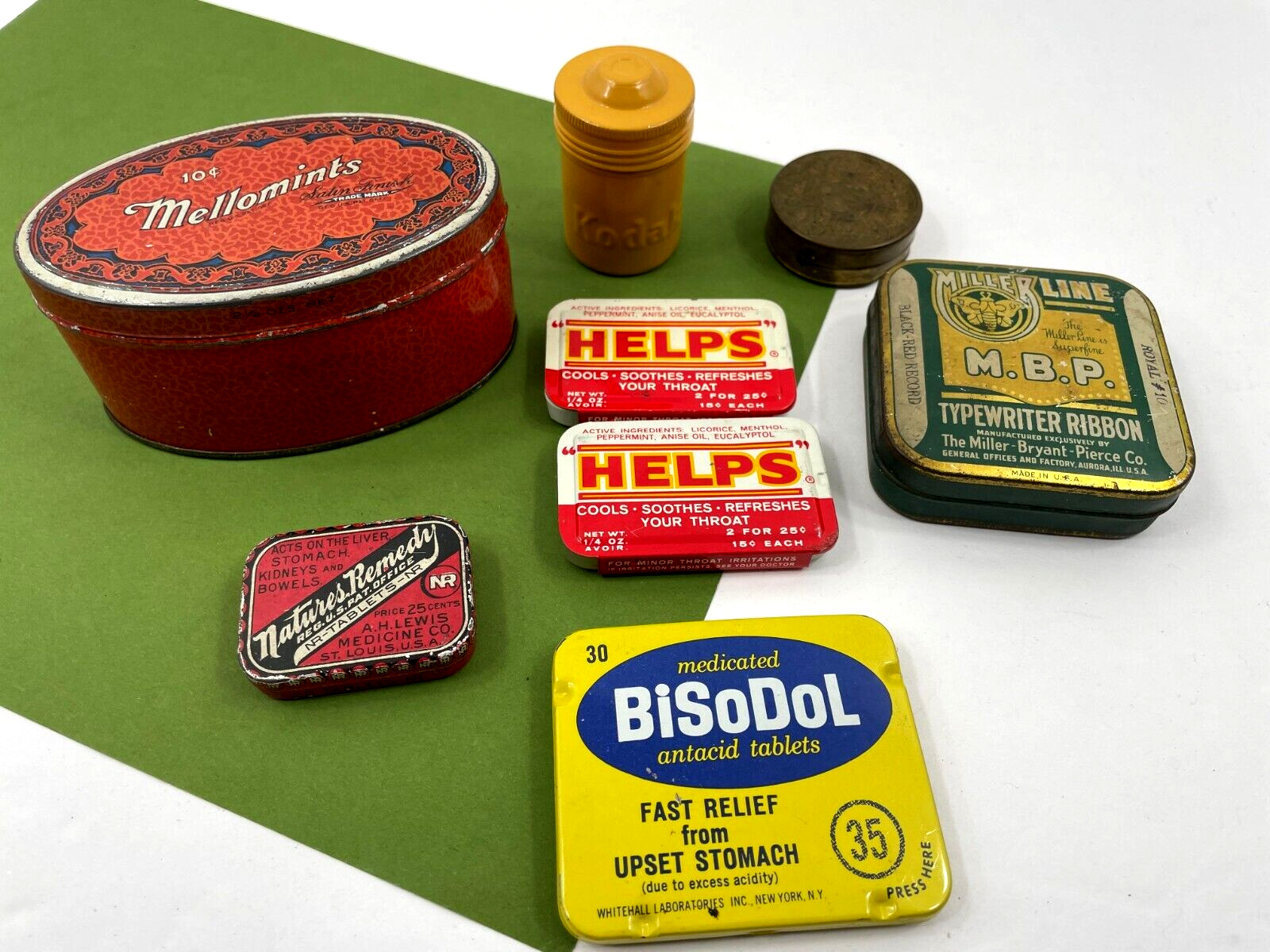 8 Vintage Advertising Tins Mellomints Miller Typewriter Helps Bisodol Kodak