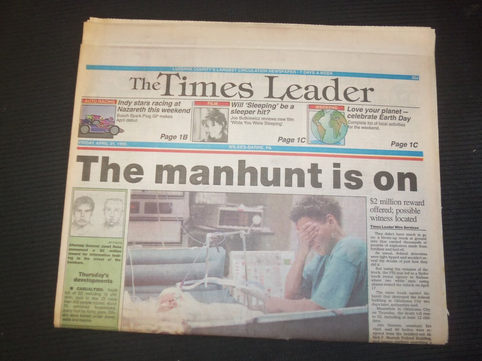 1995 APR 21 WILKES-BARRE TIMES LEADER - OKLAHOMA CITY MANHUNT IS ON - NP 7580