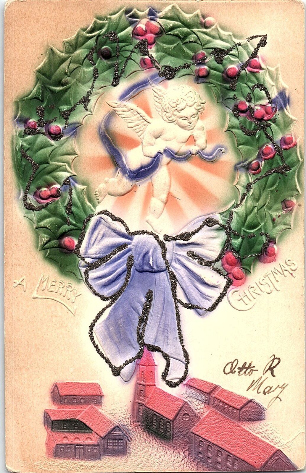 c1910 MERRY CHRISTMAS ANGEL WREATH TINSELED HEAVILY EMBOSSED POSTCARD 39-229